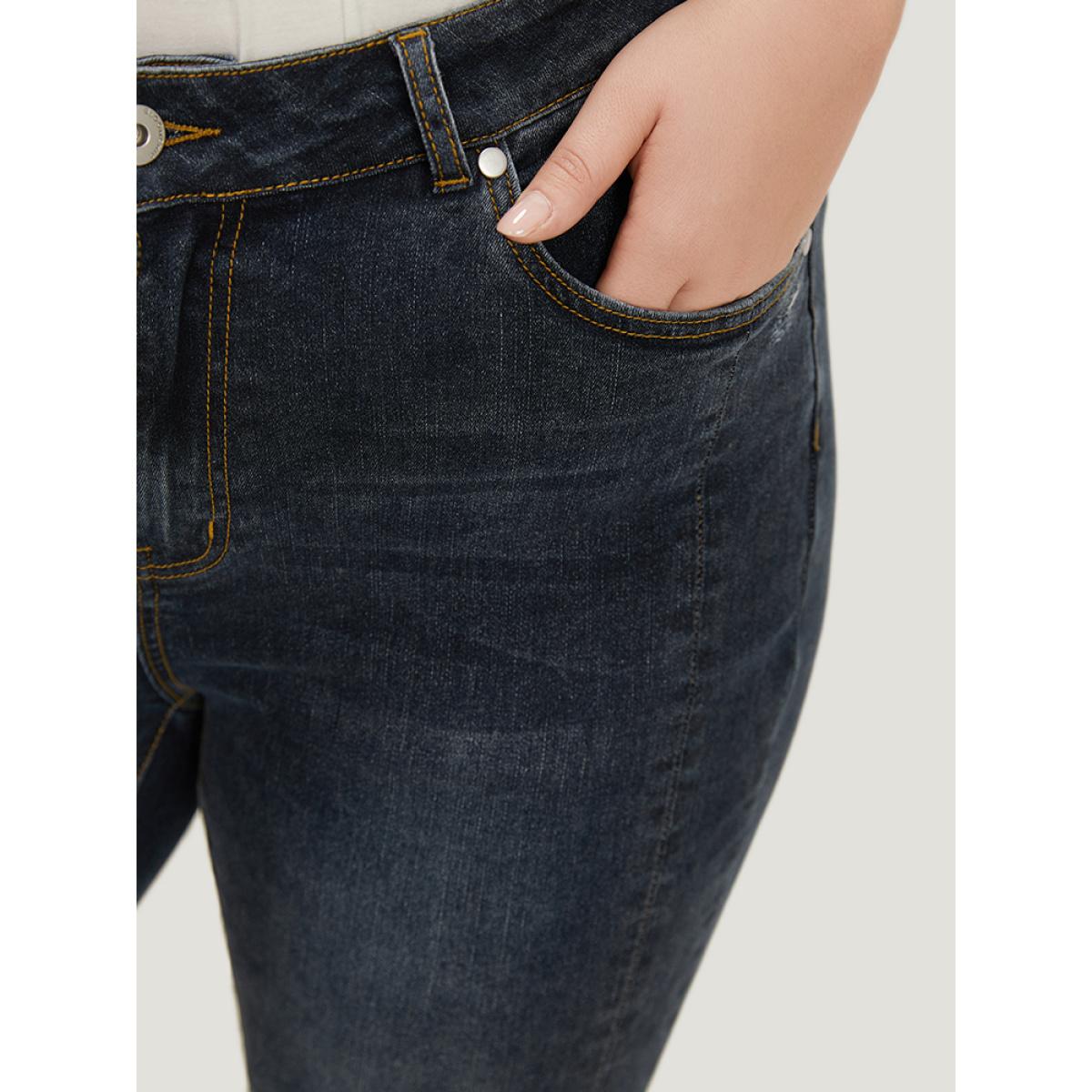 Plus Size Very Stretchy Split Hem Medium Wash Jeans Women Indigo Casual Plain Slit High stretch Pocket Jeans BloomChic 12/L Product Image