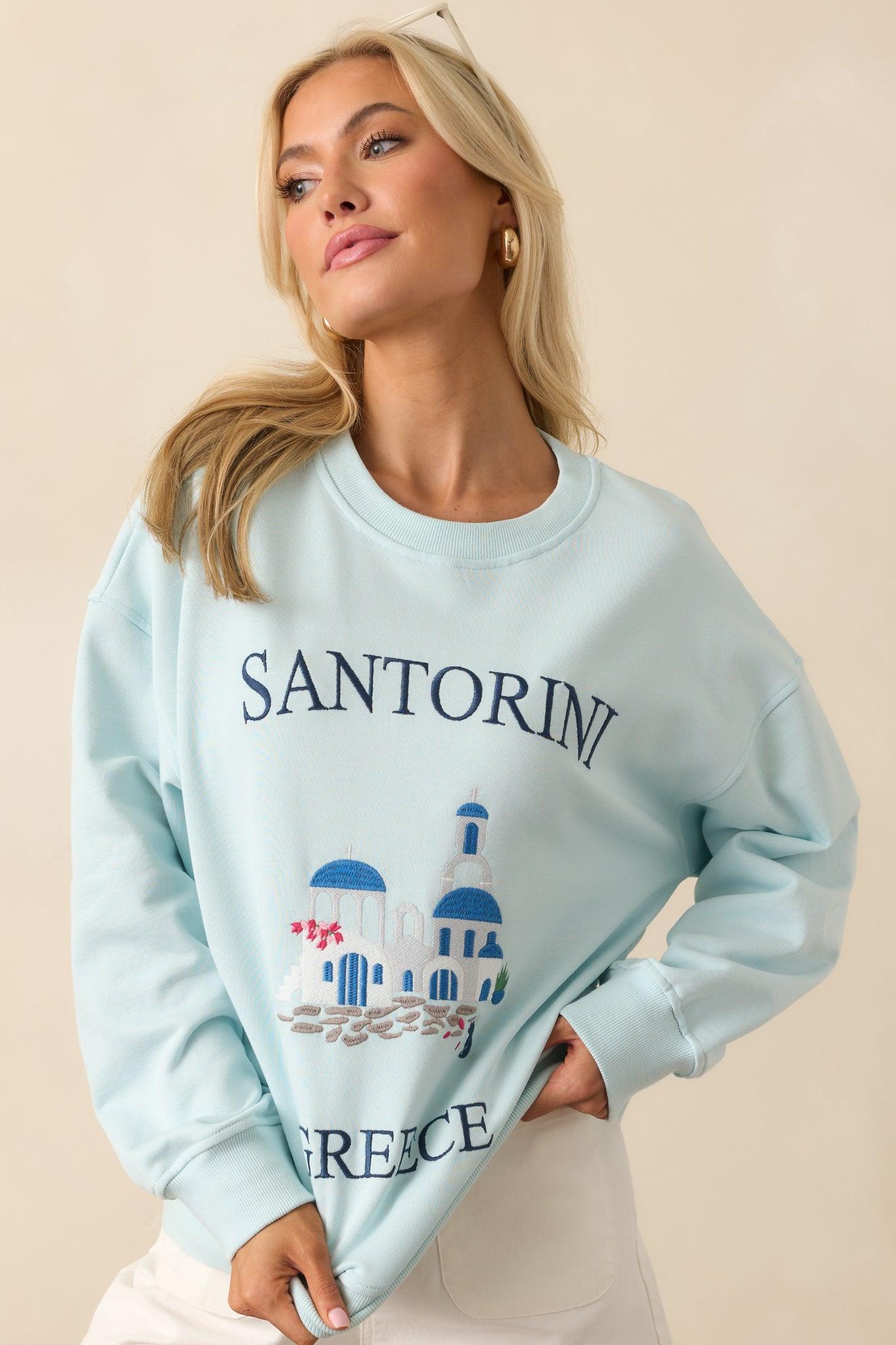 Santorini Dreaming Light Blue Crew Neck Sweatshirt Product Image