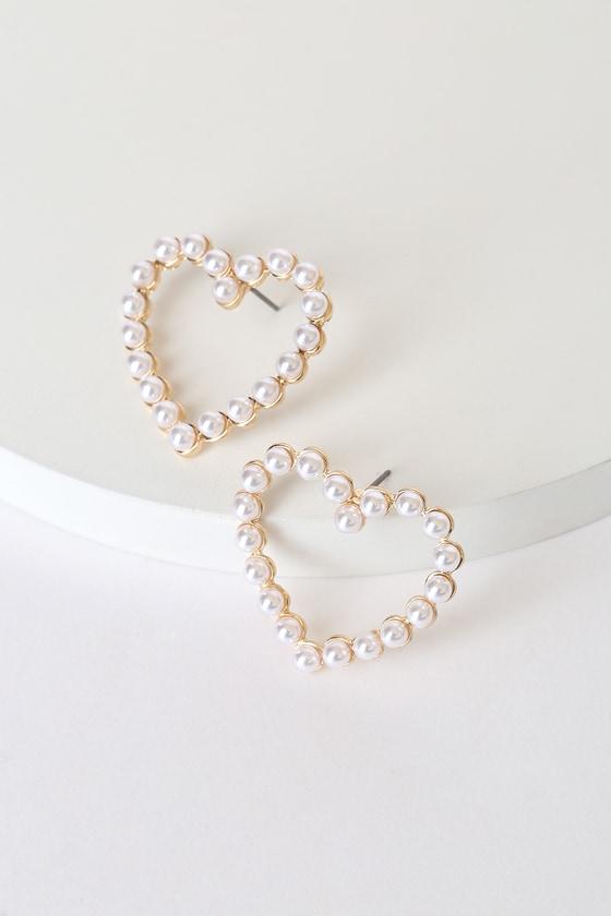 Glamorous at Heart Gold and Pearl Heart Earrings Product Image