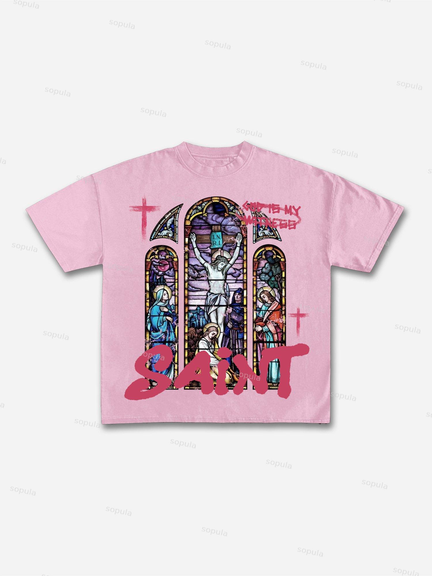 Jesus Church Window Vintage Graphic Cotton T-shirt Product Image