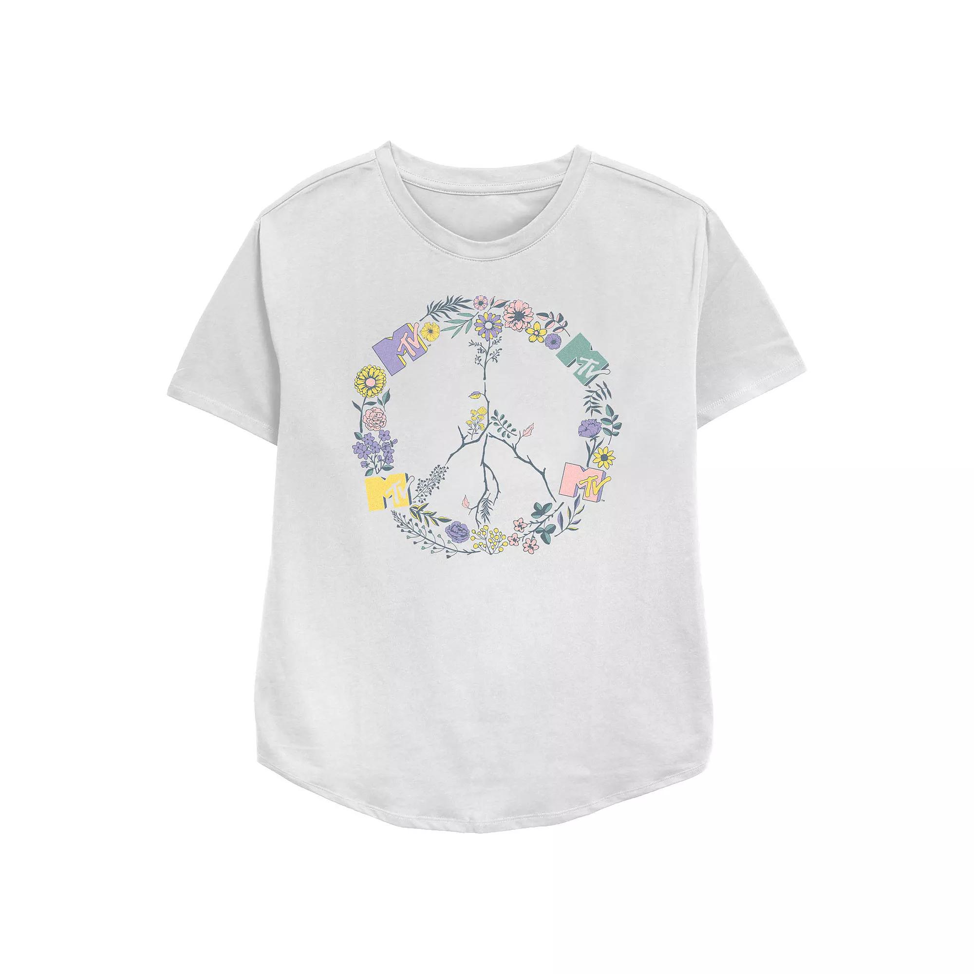 Women's MTV Floral Peace Symbol Relaxed Fit Graphic Tee,  Product Image