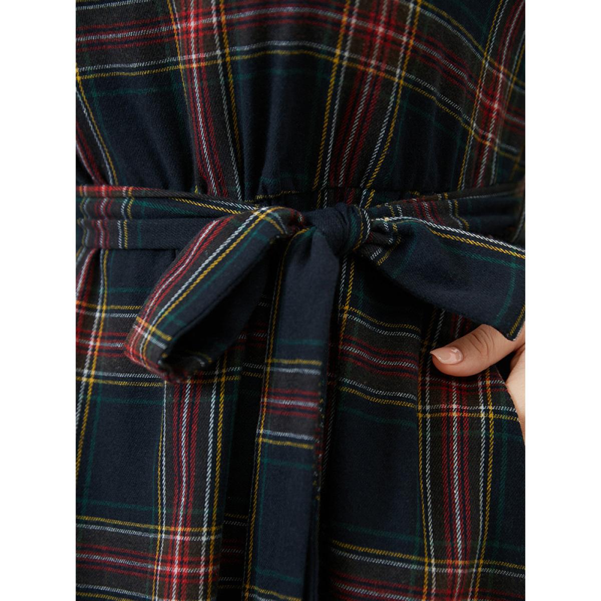 Plus Size Plaid Lantern Sleeve Pocket Belted Square Neck Dress Navy Women Elegant Pocket Square Neck Long Sleeve Curvy Midi Dress BloomChic 14-16/1X Product Image