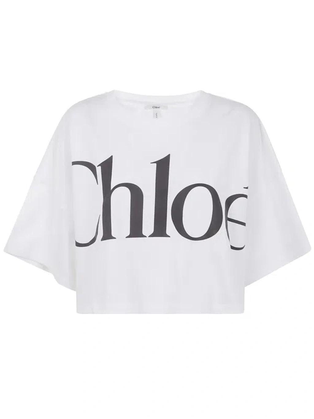 CHLOÉ White Cropped Crewneck T-shirt With Maxi Logo Print On The Front In Cotton Woman In Multicolor Product Image