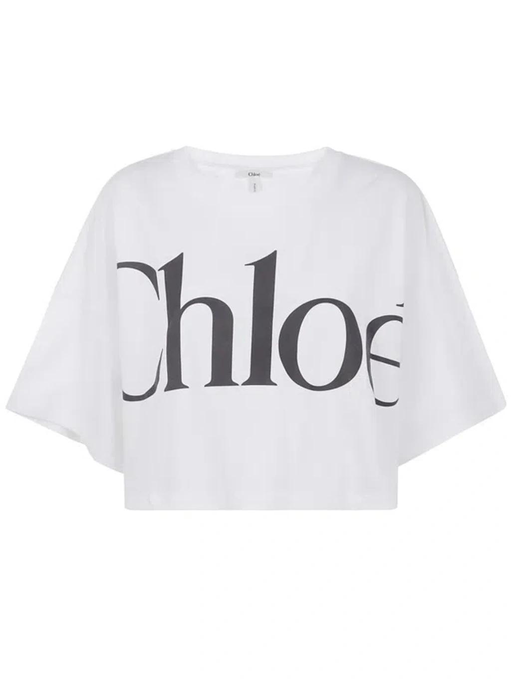 CHLOÉ White Cropped Crewneck T-shirt With Maxi Logo Print On The Front In Cotton Woman In Multicolor Product Image