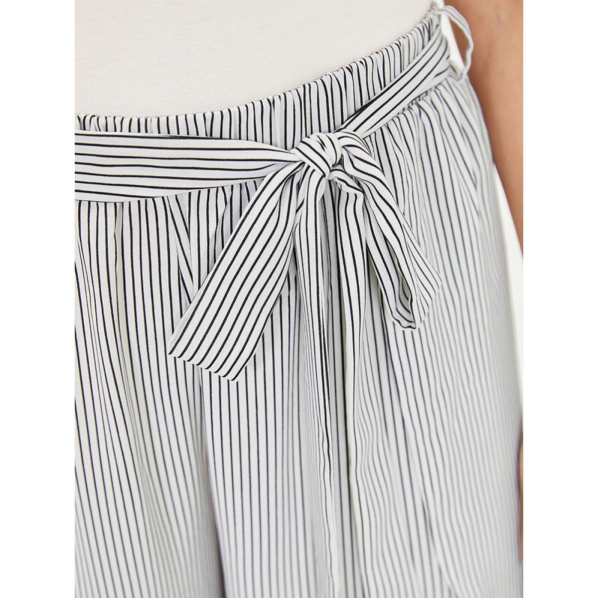 Plus Size Striped Print Belted Wrap Hem Loose Pants Women Multicolor Office Straight Leg High Rise Work Pants BloomChic 14-16/1X Product Image