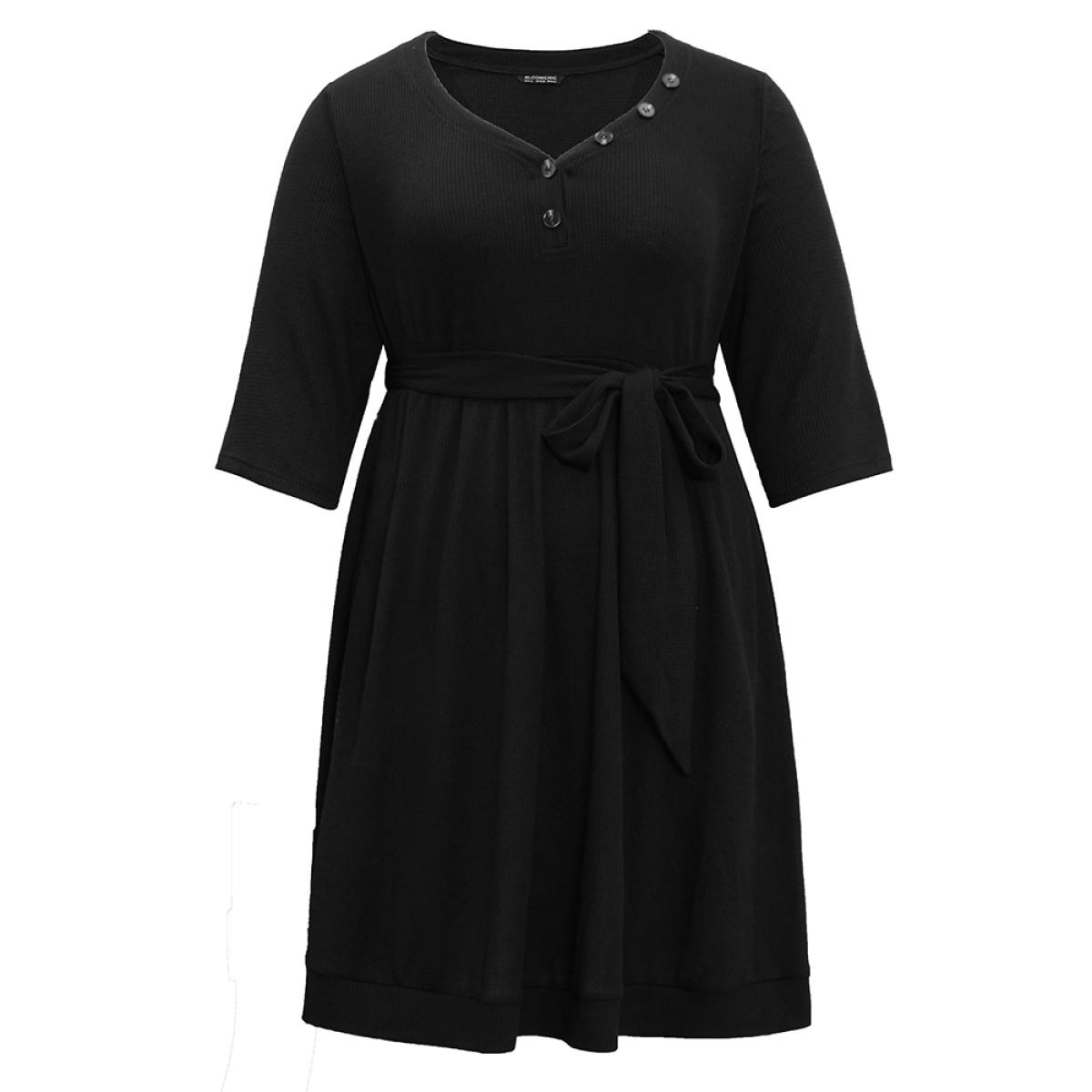Plus Size Waffle Knit Button Detail Belted Dress Black Women Casual Plain V-neck Elbow-length sleeve Curvy Midi Dress BloomChic 26/4X Product Image