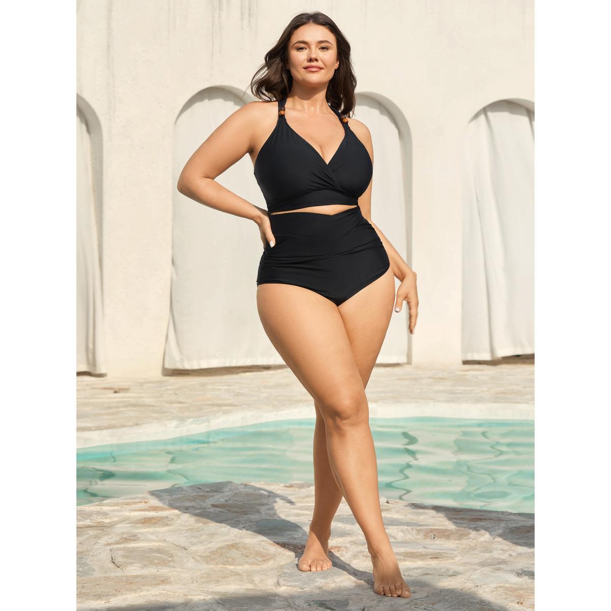 Plus Size Cross High Waist Ruched Swim Bottoms Women's Swimwear Black Resort Overlapping High stretch Skinny High Rise Curve Swim Bottoms BloomChic 28/5X Product Image