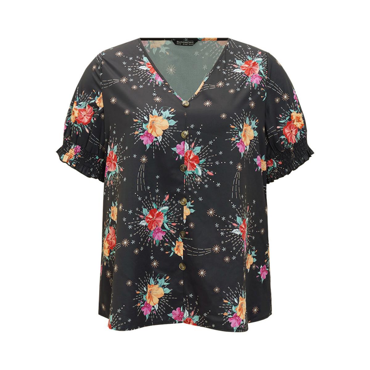 Plus Size BlackFlower Floral Shirred Puff Sleeve Blouse Women Glamour Short sleeve V-neck Going out Blouses BloomChic 30/6X Product Image