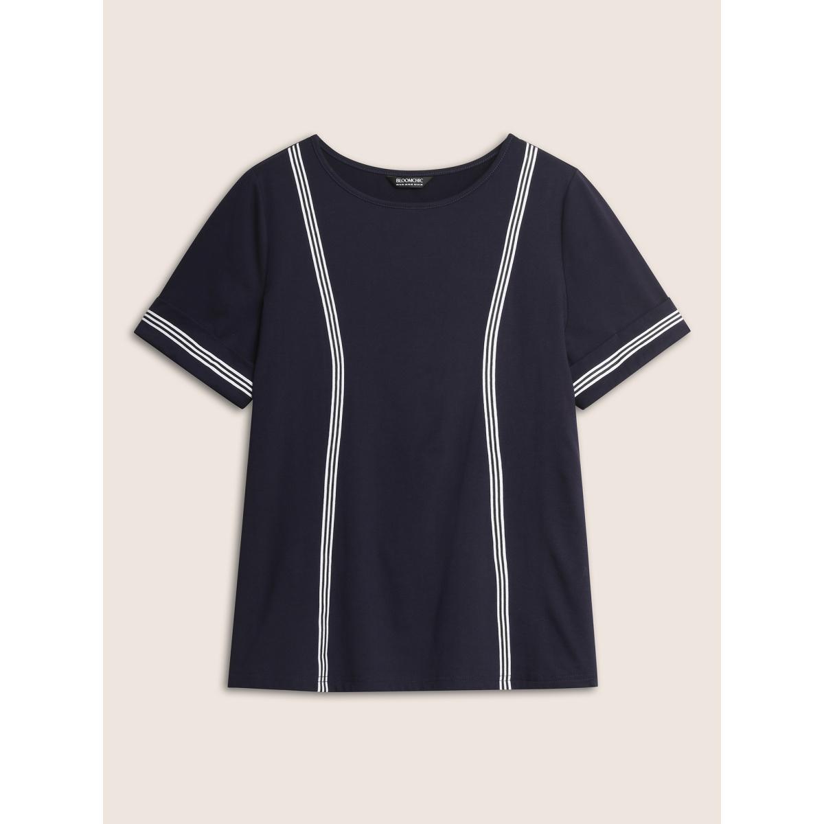 Plus Size Round Neck Contrast Webbing Cuffed Sleeve T-shirt Midnight Women Casual Contrast Round Neck Everyday T-shirts BloomChic 12/L Product Image