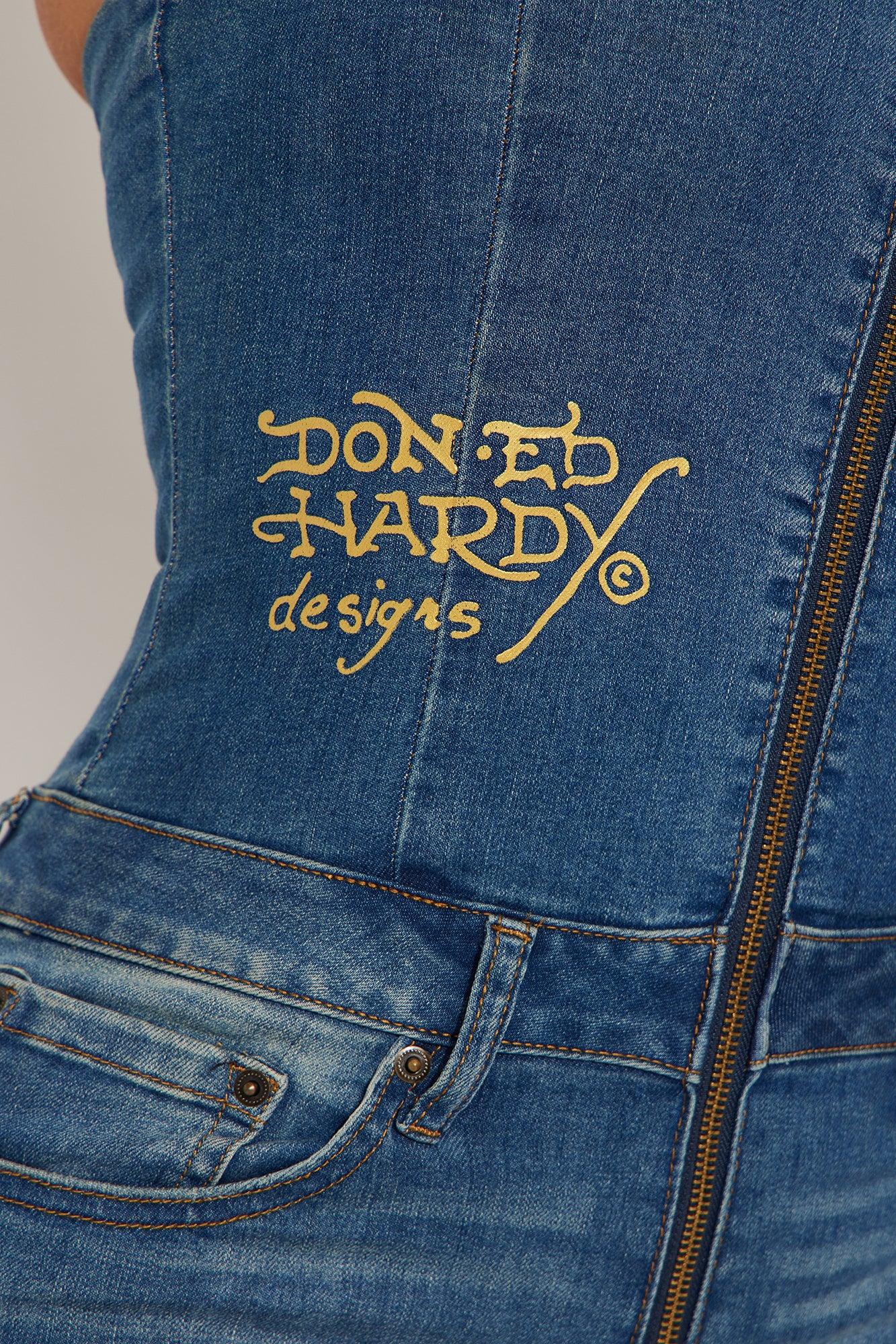 Ed Hardy True Love Denim Jumpsuit - Medium Wash Product Image