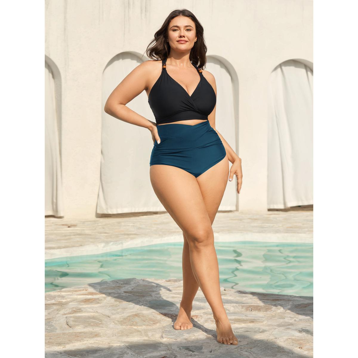Plus Size Cross High Waist Ruched Swim Bottoms Women's Swimwear Aegean Resort Overlapping High stretch Skinny High Rise Curve Swim Bottoms BloomChic 28/5X Product Image
