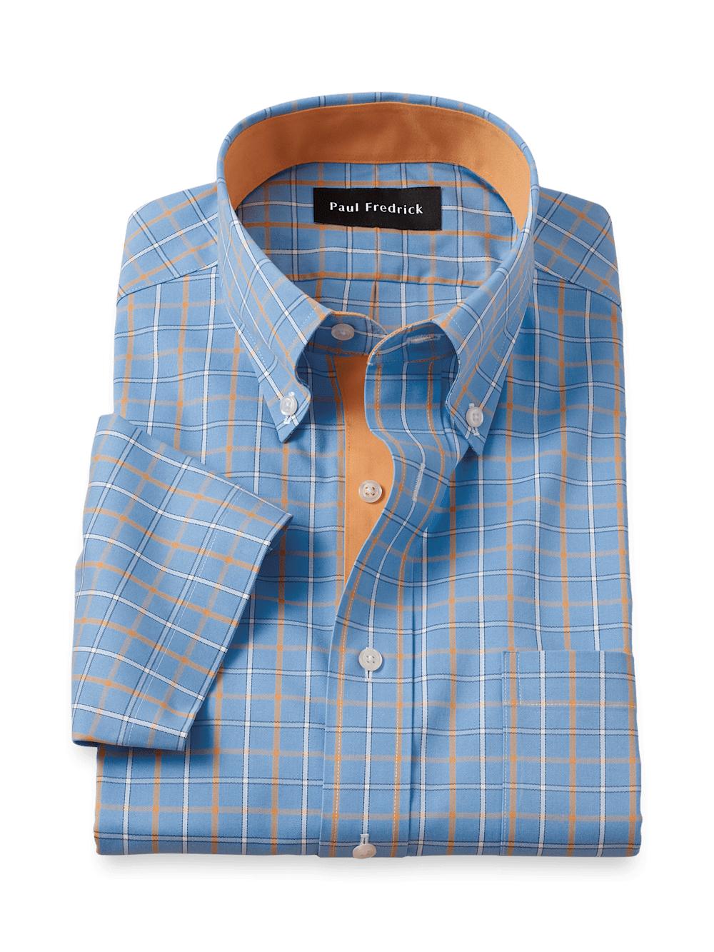 Comfort Stretch Non-Iron Check Dress Shirt With Contrast Trim - Blue/melon Product Image