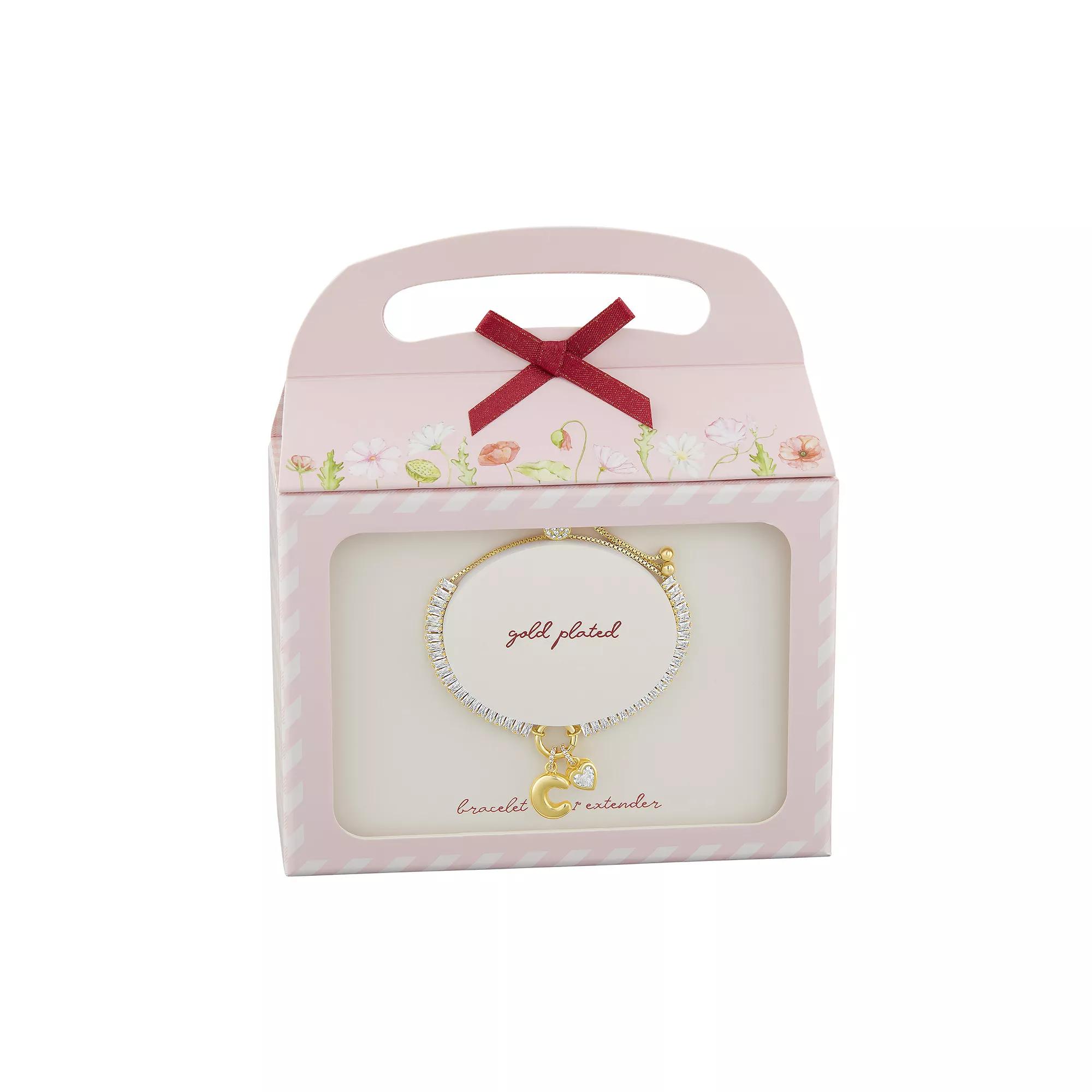 Brilliance Silver Plated Cubic Zirconia Heart Charm & Bubble Initial Charm Bracelet, Women's, Size: 4-10" ADJ, Gold Tone C Product Image