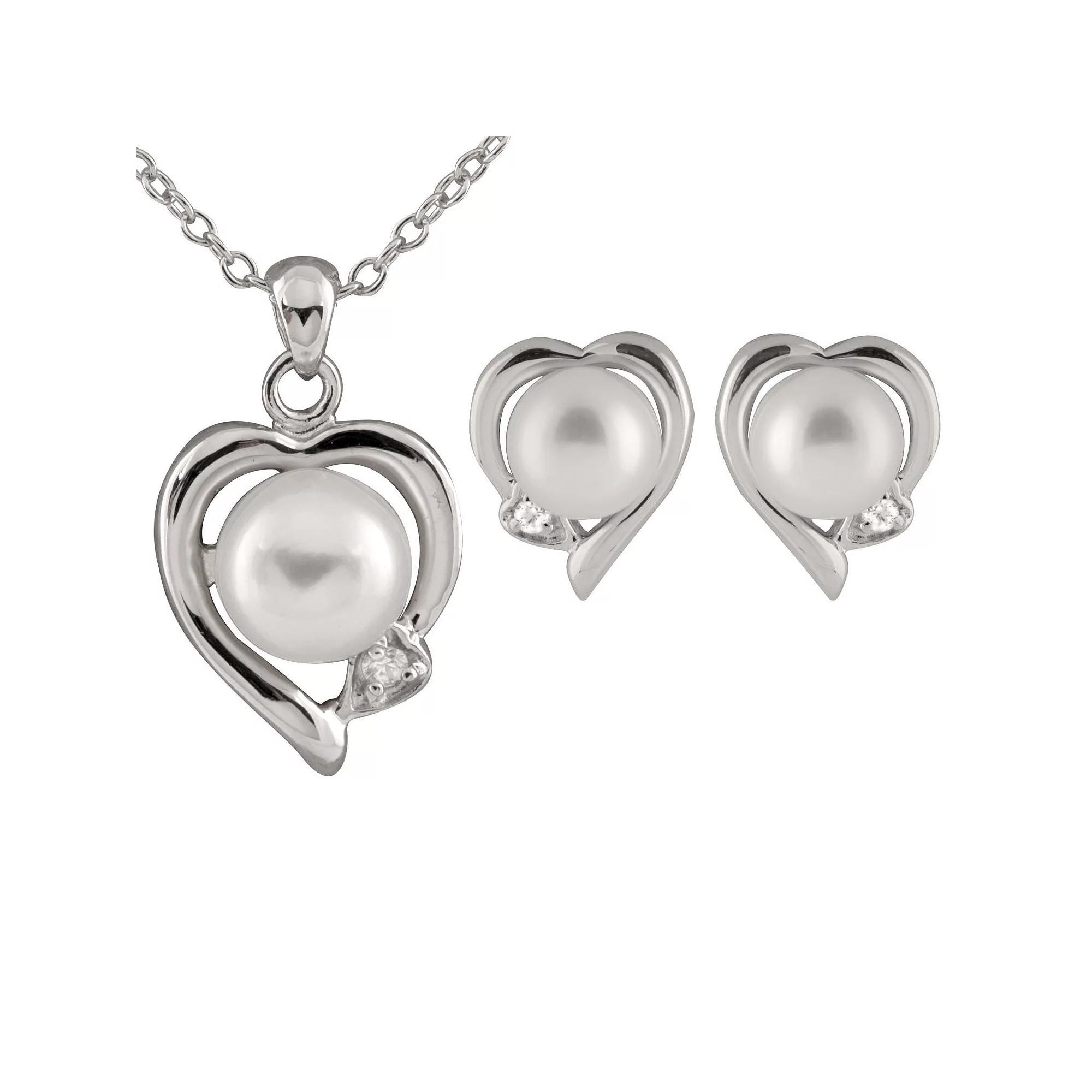 Sterling Silver Freshwater Cultured Pearl Heart Pendant & Earring Set, Women's, Size: 17" Product Image