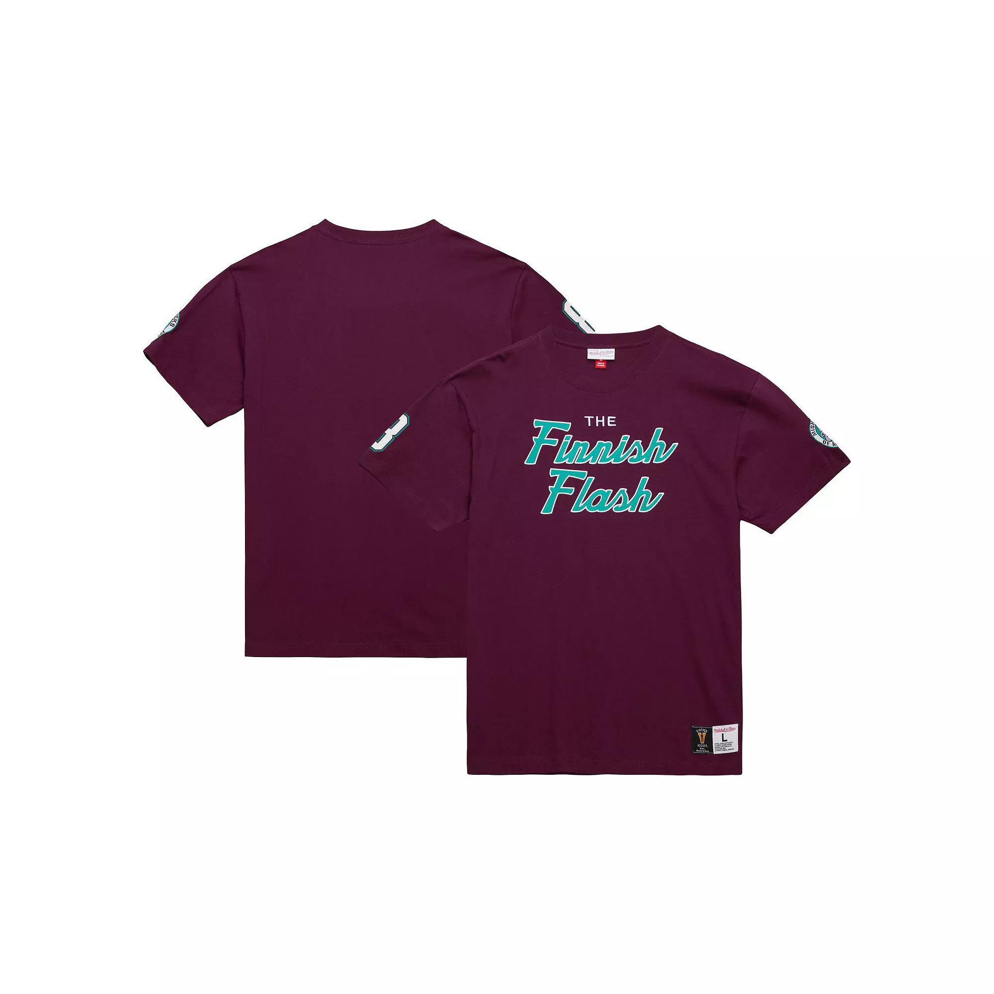 Men's Mitchell & Ness Teemu Selanne Purple Anaheim Ducks Premium Nickname Vintage Logo T-Shirt, Size: Medium, Dks Purple Product Image