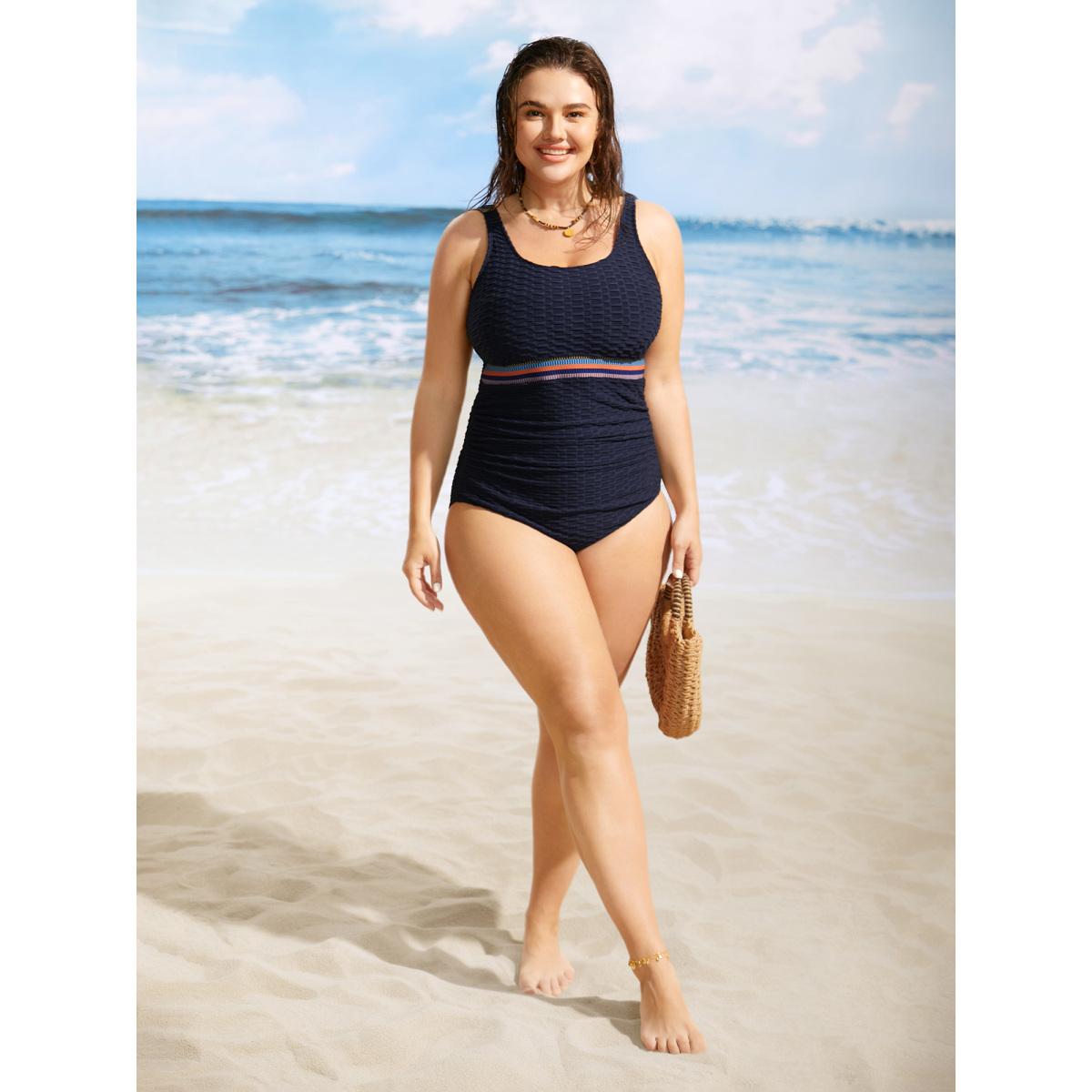 Plus Size U Neck Patchwork Contrast Webbing One Piece Swimsuit Women's Swimwear Midnight Beach Woven ribbon&lace trim Curve Bathing Suits High stretch One Pieces BloomChic 12/L Product Image