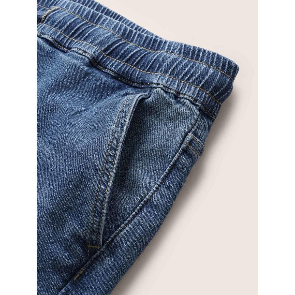 Plus Size Light Wash Elastic Waist Drawstring Denim Shorts Women Blue Drawstring High stretch Everyday Slanted pocket Casual Denim Shorts BloomChic 24/3X Product Image