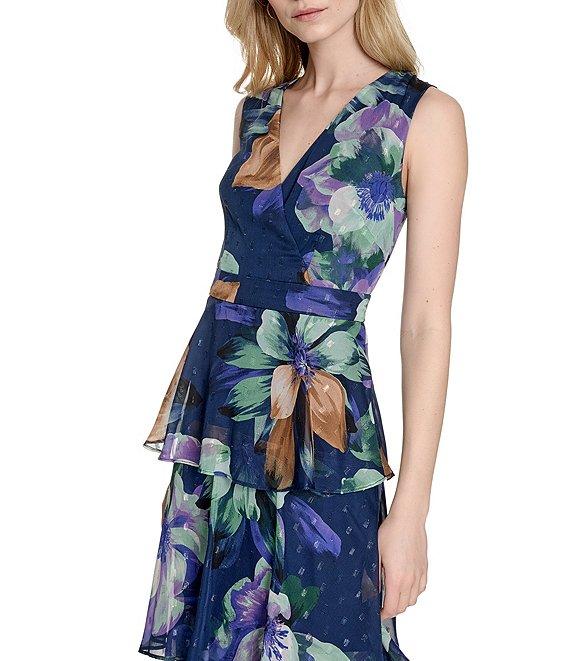 Eliza J V-Neck Sleeveless Floral Print Metallic Clip Dot Chiffon Tiered Maxi Dress Product Image