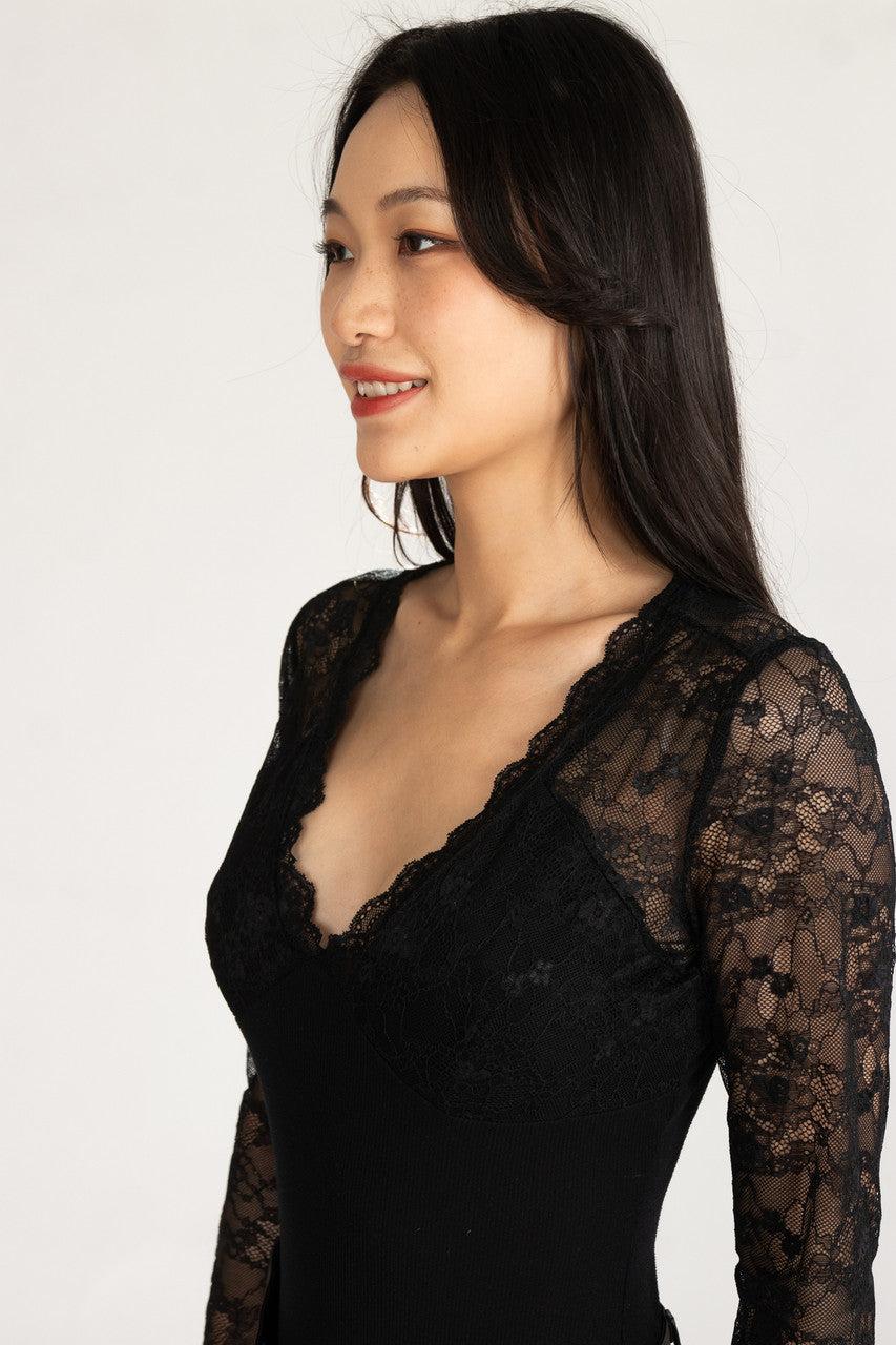 Lace Top V Neck Long Sleeve Bodysuit Product Image