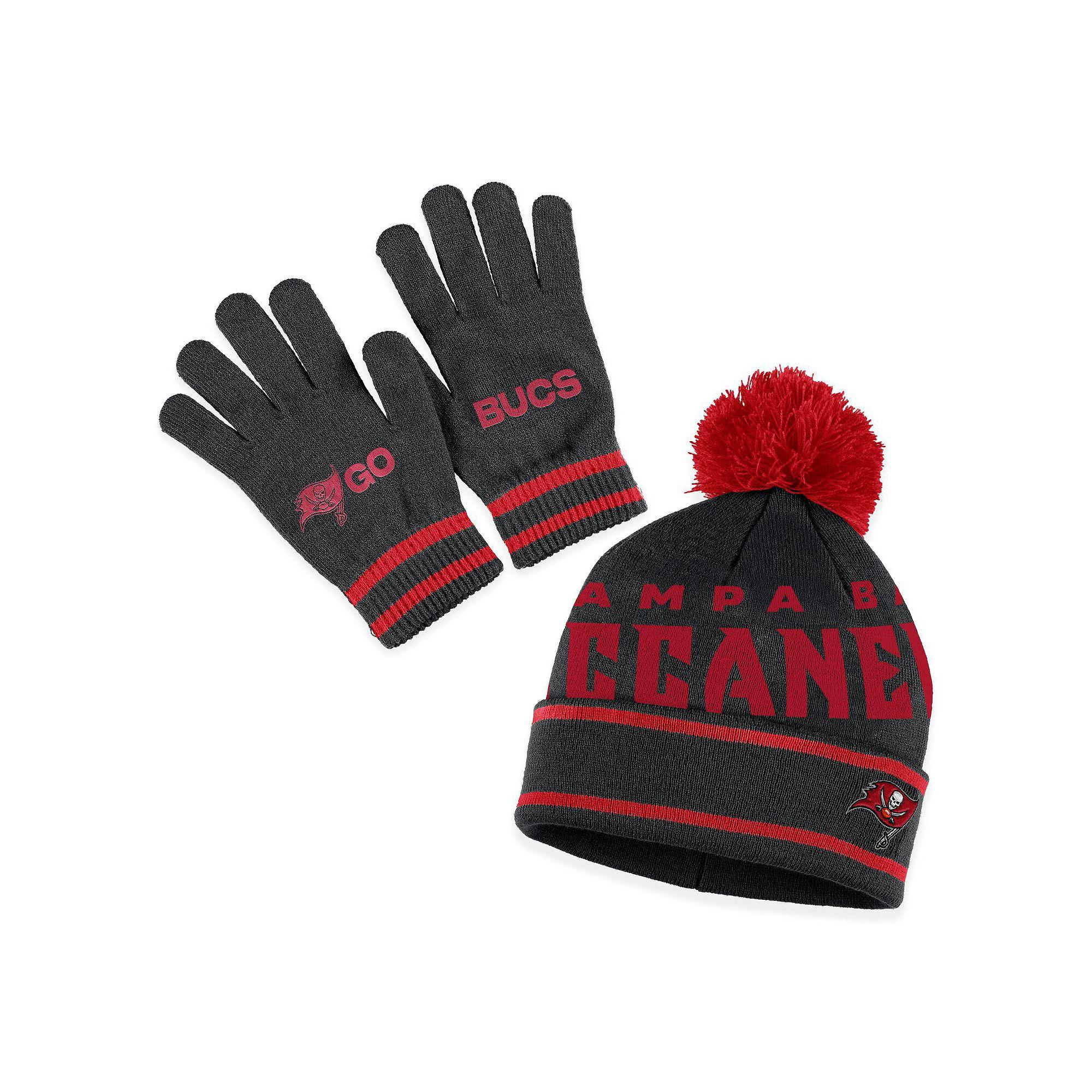 Women's WEAR by Erin Andrews Black Tampa Bay Buccaneers Double Jacquard Cuffed Knit Hat with Pom and Gloves Set Product Image