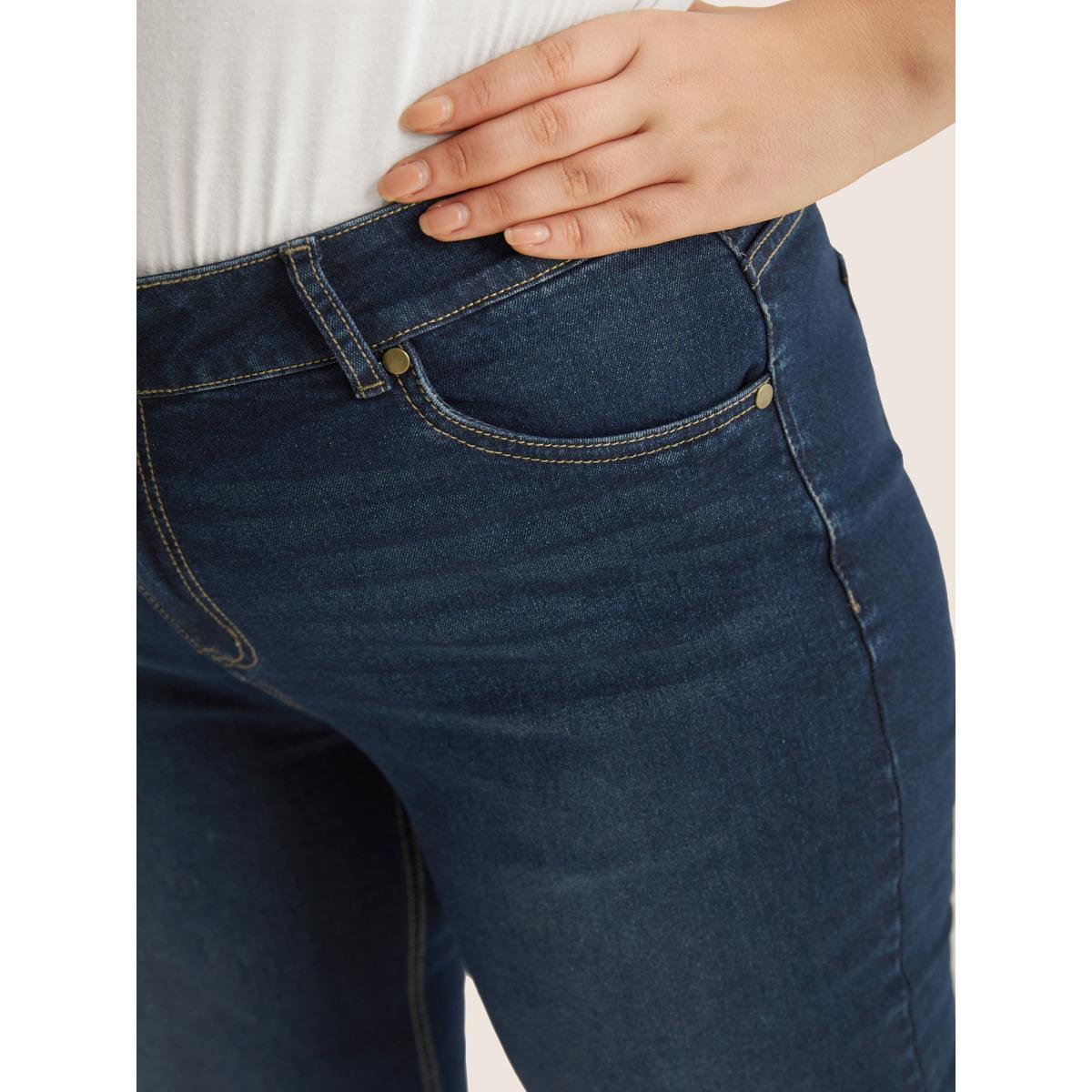 Plus Size Plain Bootcut Pocket Zipper Fly Jeans Women Indigo Casual Plain Non High stretch Slanted pocket Jeans BloomChic 10/M Product Image