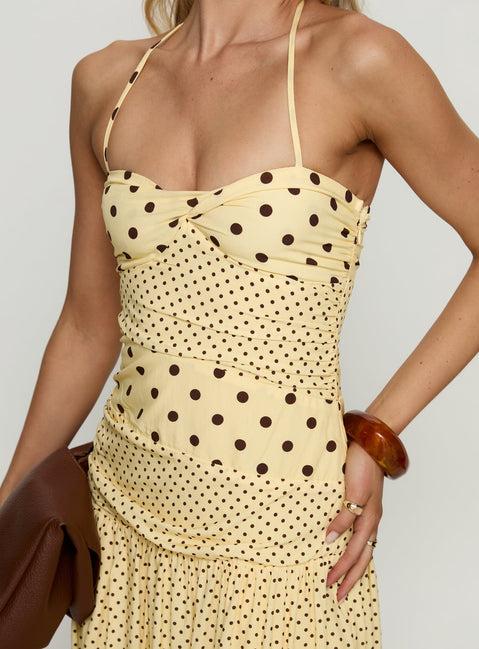 Marguerite Halter Maxi Dress Lemon / Brown Polka Dot Product Image