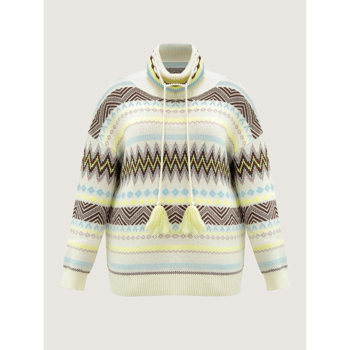 Plus Size Jacquard Boho Print Turtleneck Pullover Ivory Women Playful Loose Long Sleeve Ruffled collar Casual Pullovers BloomChic 30/6X Product Image