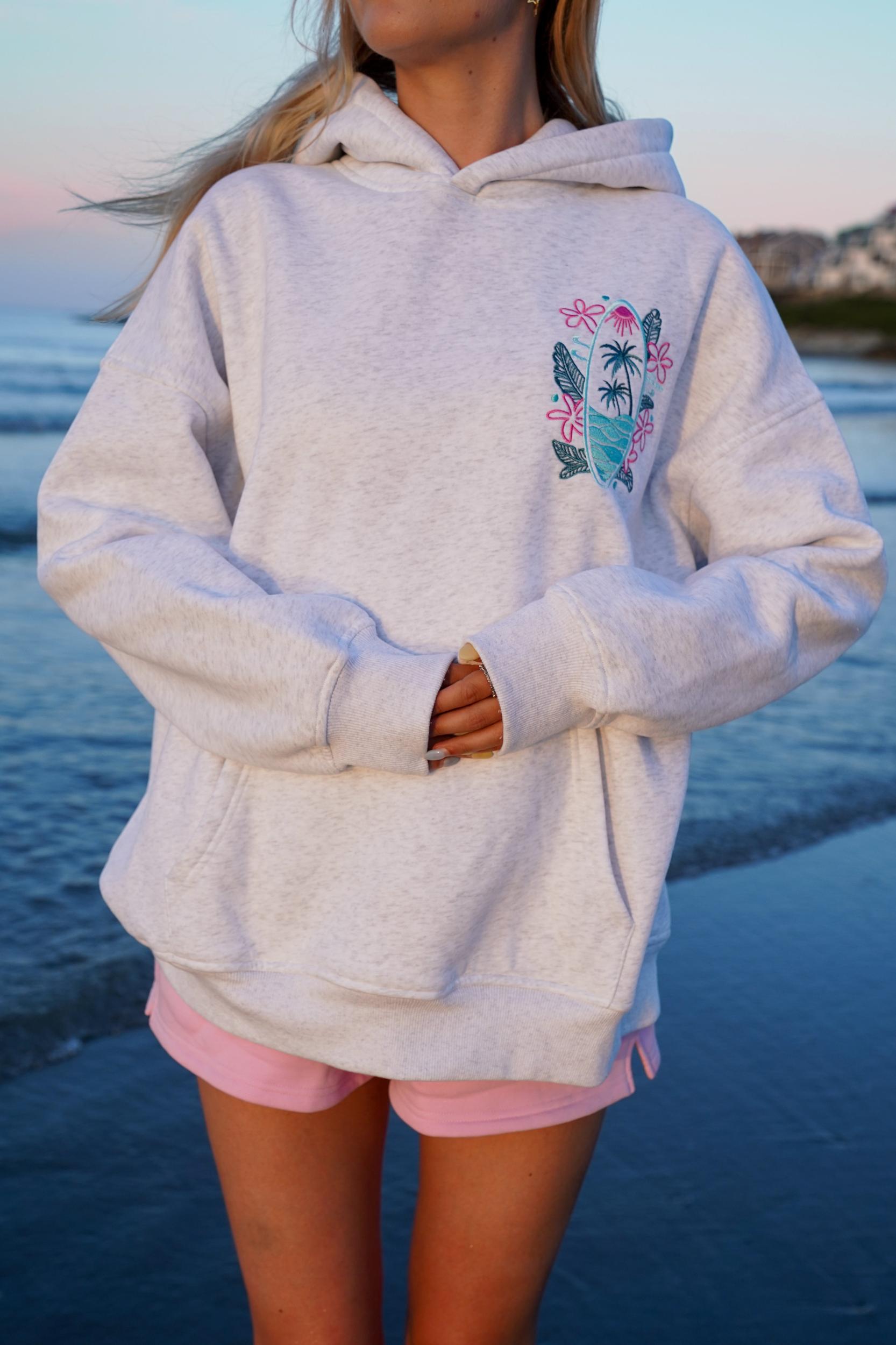 Pearl Grey Surfing The Waves Embroider Hoodie Product Image