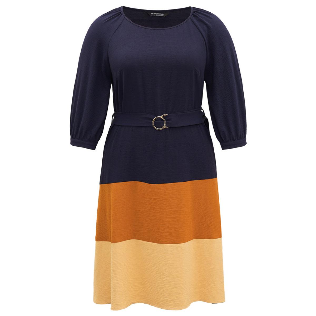 Plus Size Colorblock Contrast Metal Detail Lantern Sleeve Dress Midnight Women Casual Gathered Round Neck Elbow-length sleeve Curvy Midi Dress BloomChic 12/L Product Image