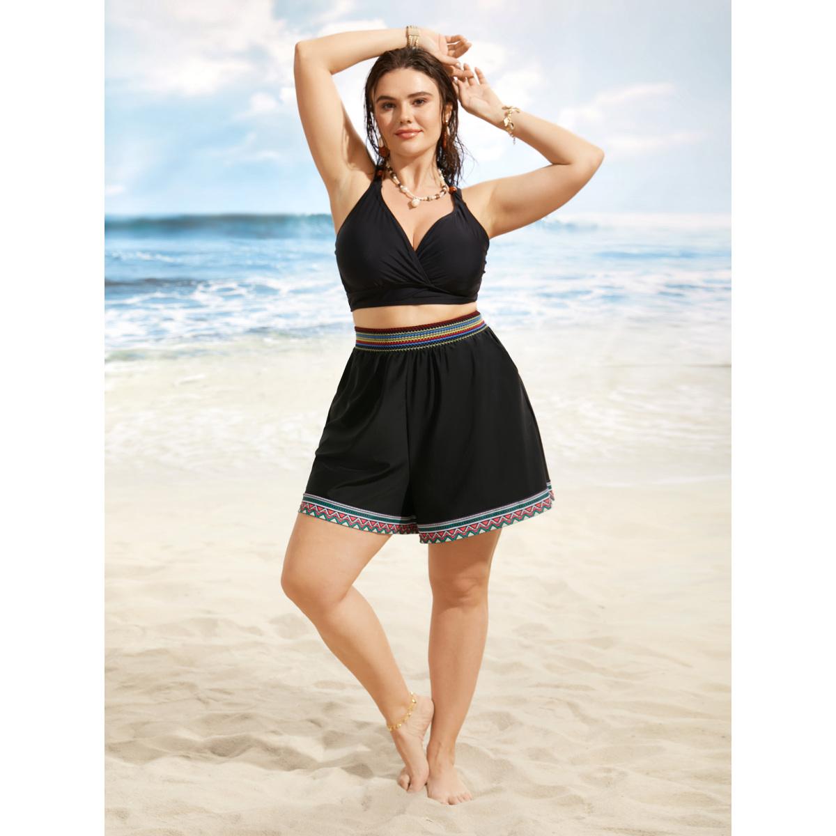 Plus Size Bandana Swim Contrast Webbing Pocket Bottom Women's Swimwear Black Beach Gathered High stretch Bodycon High Rise Slanted pocket Curve Swim Bottoms BloomChic 28/5X Product Image