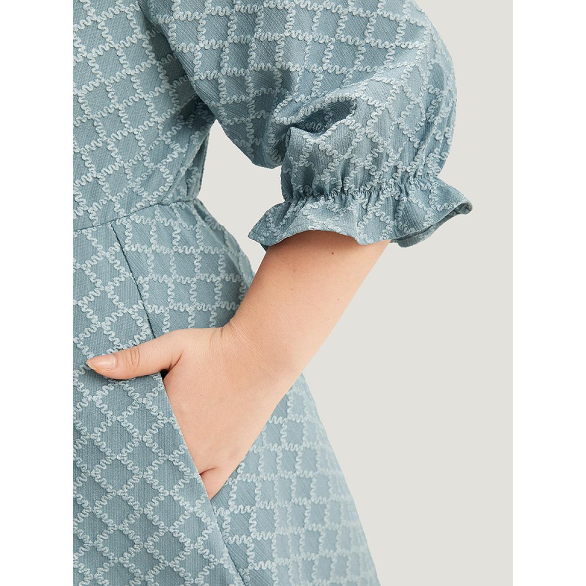 Plus Size Geo Plisse Pocket Lantern Sleeve Notched Dress Stone Women Office Elastic cuffs Notched collar Half Sleeve Curvy Knee Dress BloomChic 18-20/2X Product Image