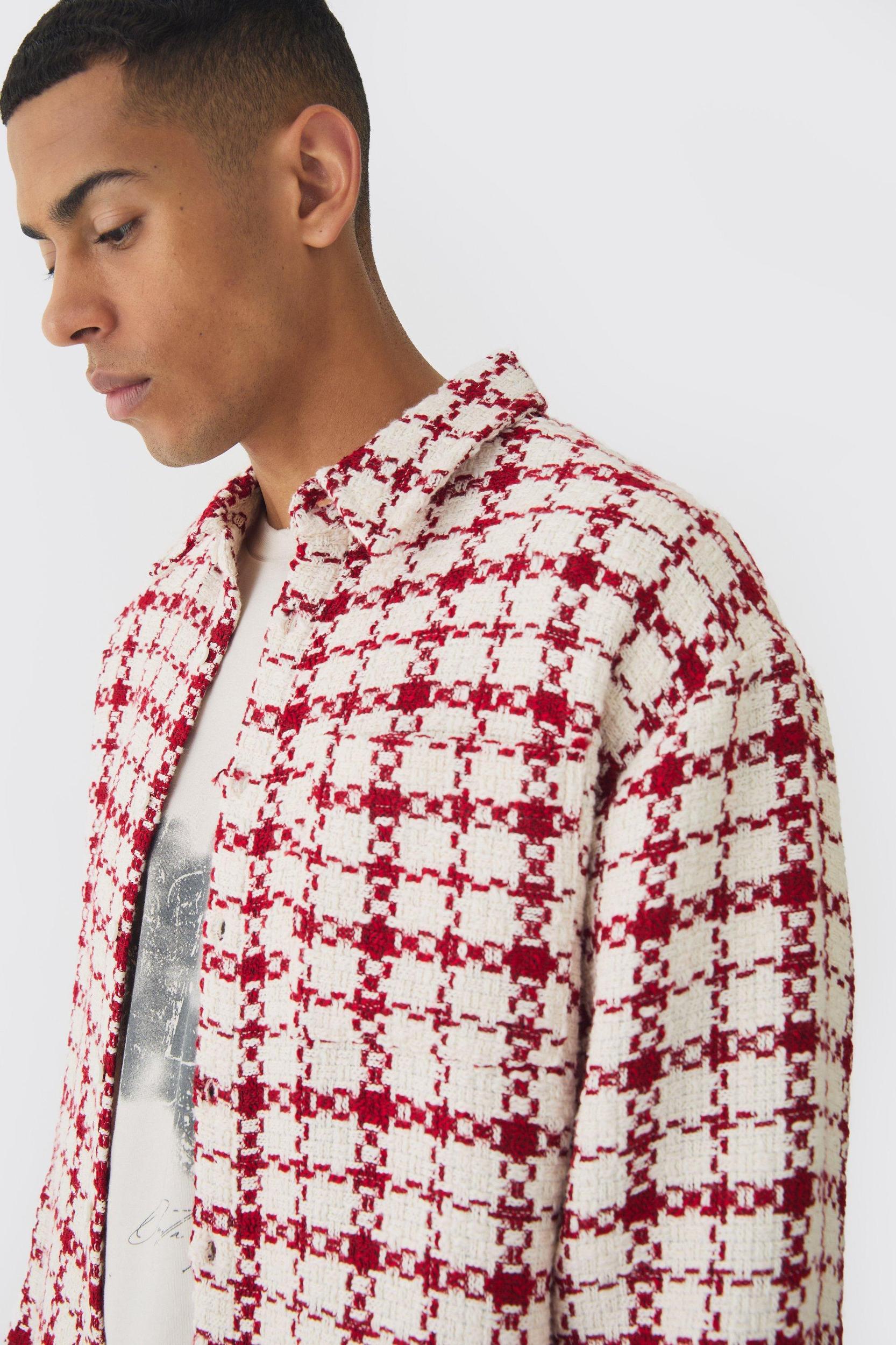Oversized Boucle Bungee Hem Flannel Shirt Jacket | boohooMAN USA Product Image
