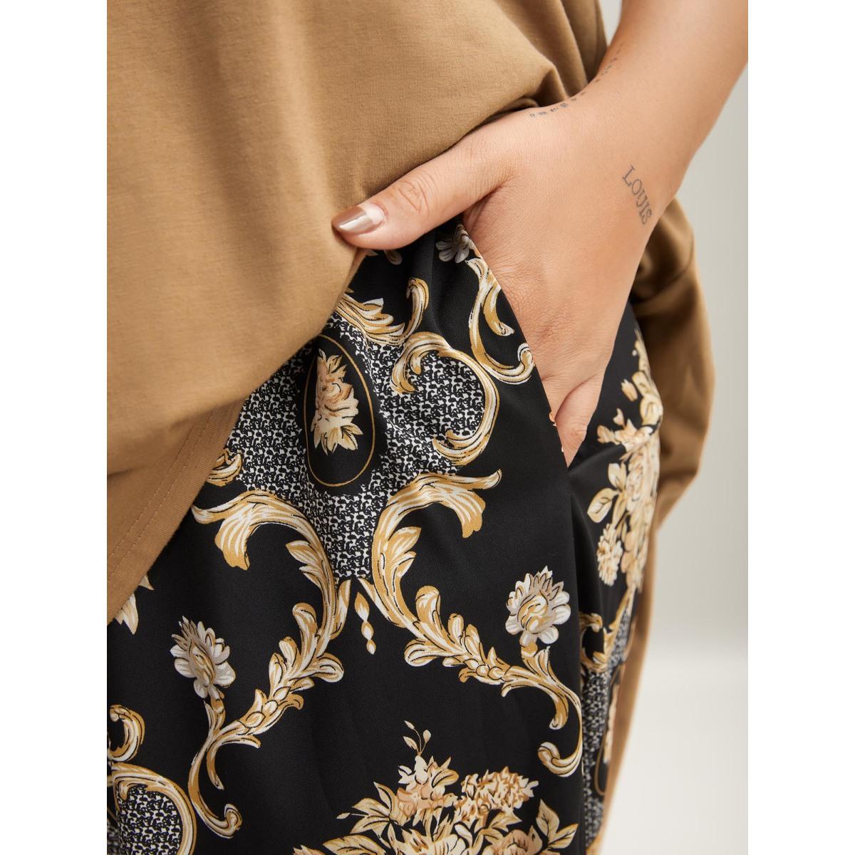 Plus Size Boho Print Color Contrast Loungewear Set Women Tan Non Sleeveless Round Neck Casual Loungewear Sets BloomChic 26/4X Product Image