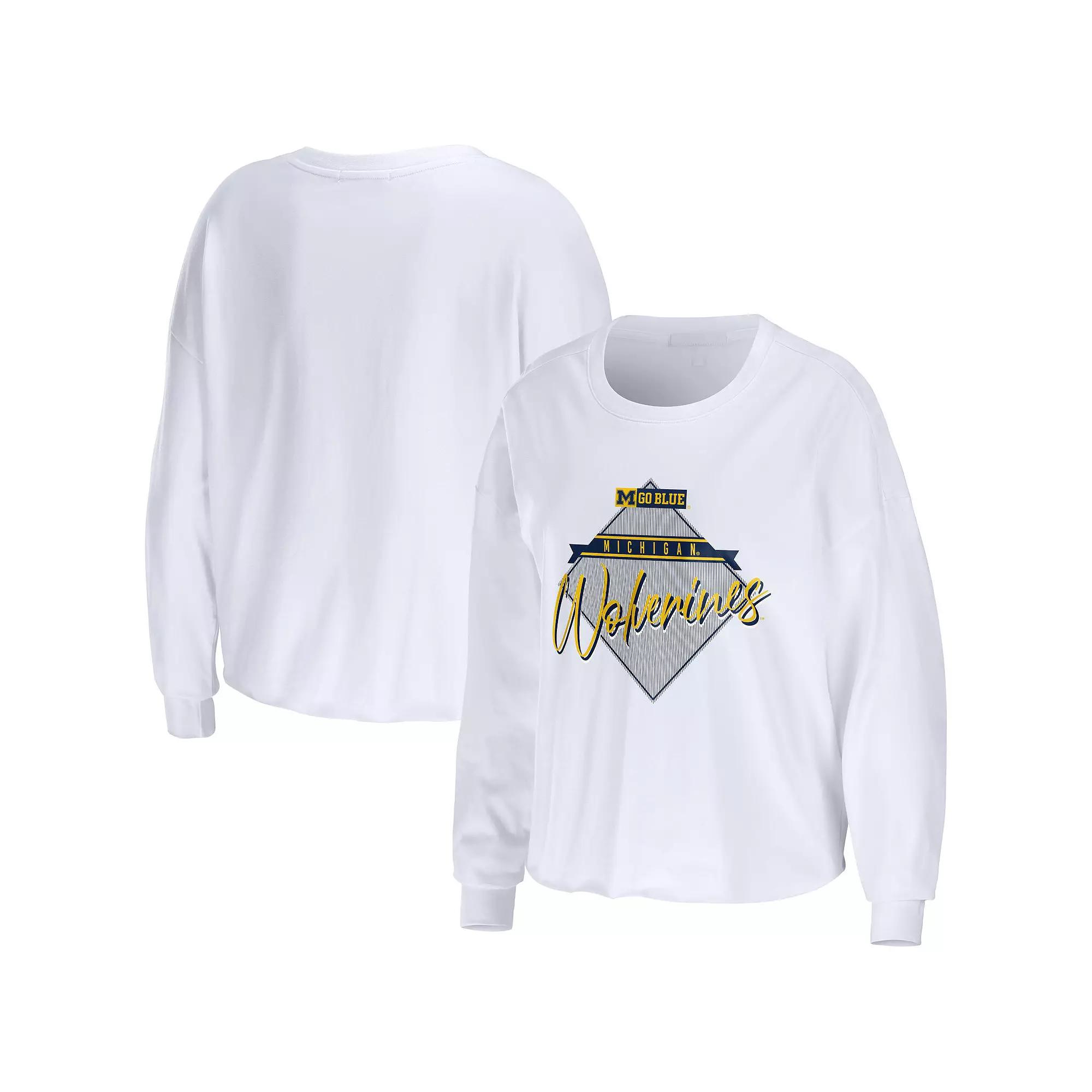 Women's WEAR by Erin Andrews White Michigan Wolverines Diamond Long Sleeve Cropped T-Shirt,  Product Image