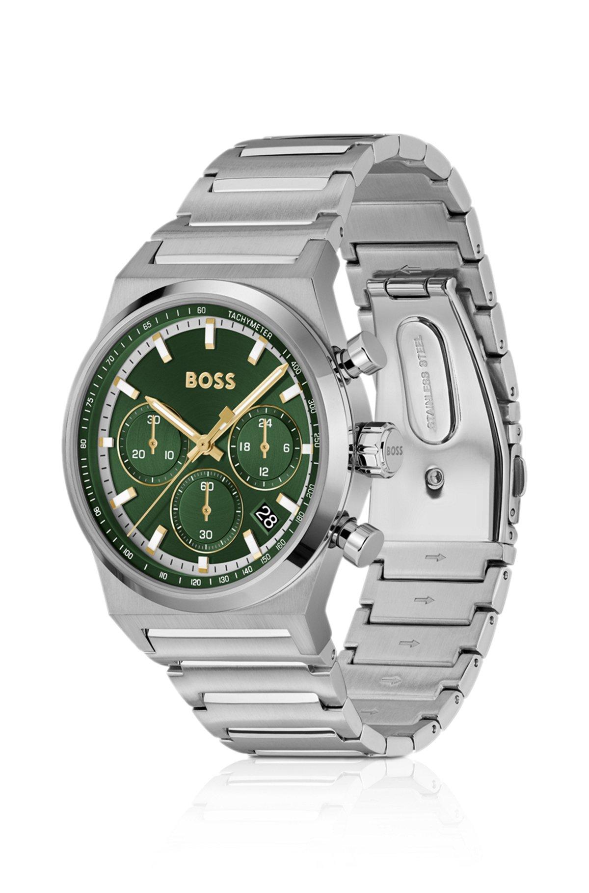 Green-dial chronograph watch in silver-tone steel Product Image
