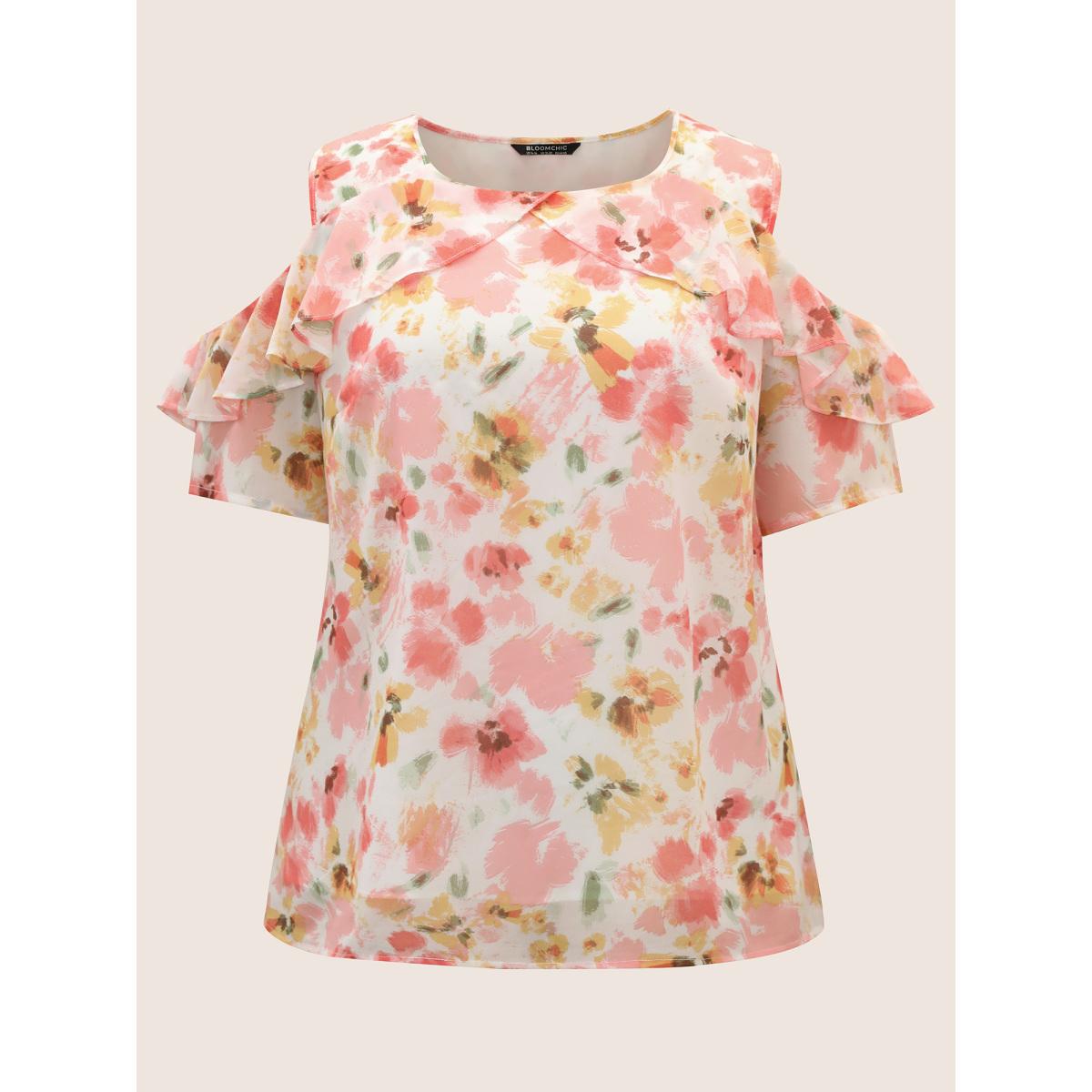 Plus Size Blush Watercolor Floral Cold Shoulder Ruffles Blouse Women Elegant Short sleeve Round Neck Everyday Blouses BloomChic 30/6X Product Image