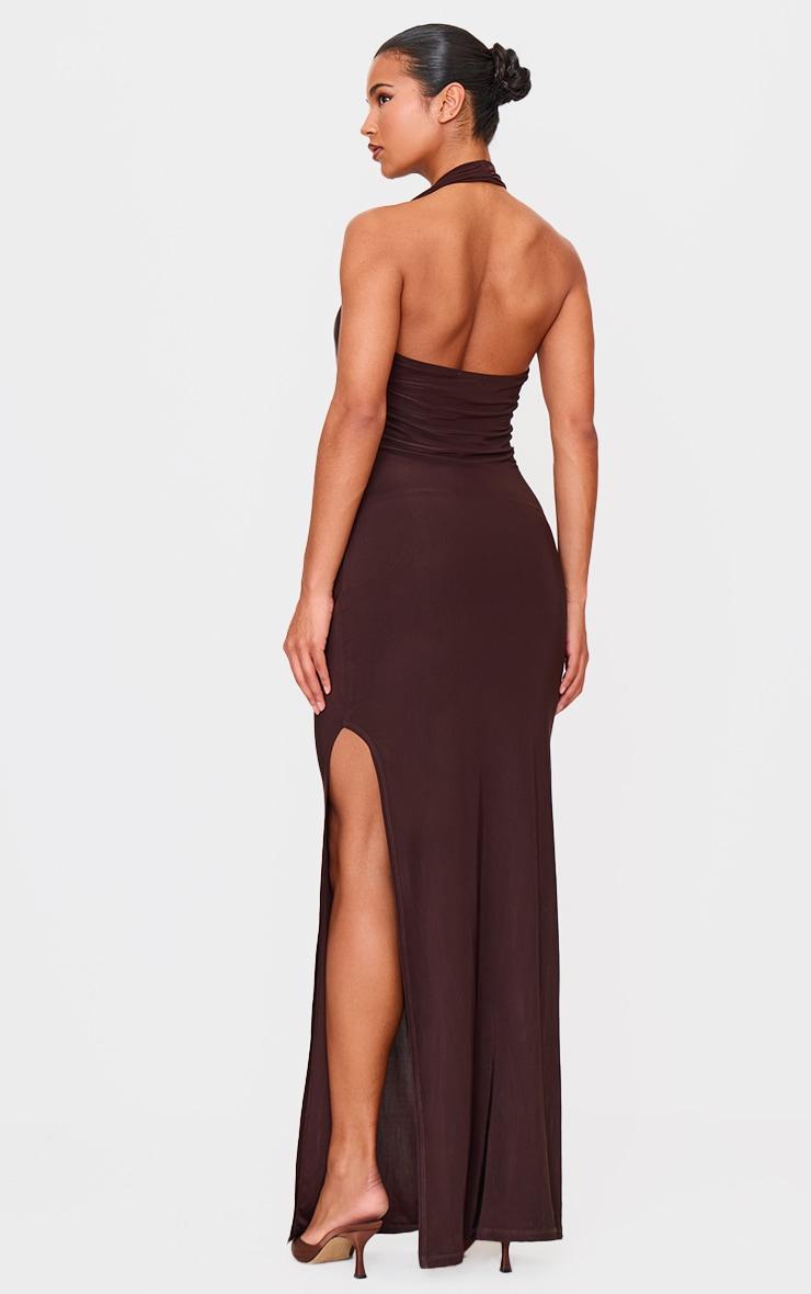 Chocolate Double Layer Skinky Wrap Waist Maxi Dress Product Image