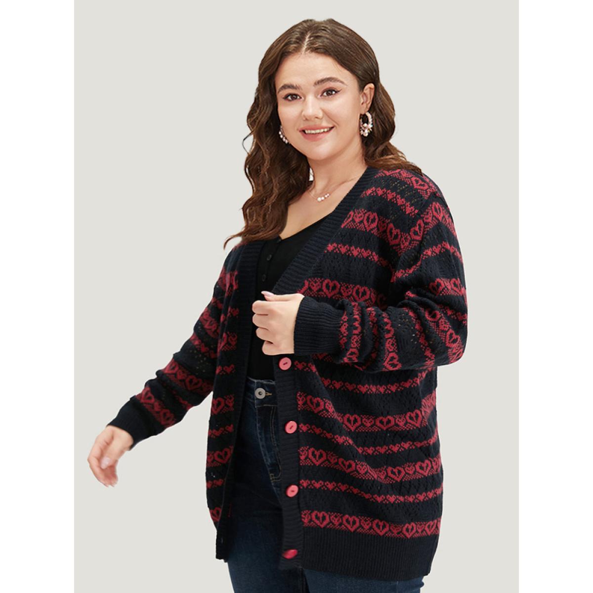 Plus Size Heart Graphic Button Through Eyelet Cardigan Scarlet Women Casual Loose Long Sleeve Dailywear Cardigans BloomChic 22-24/3X Product Image