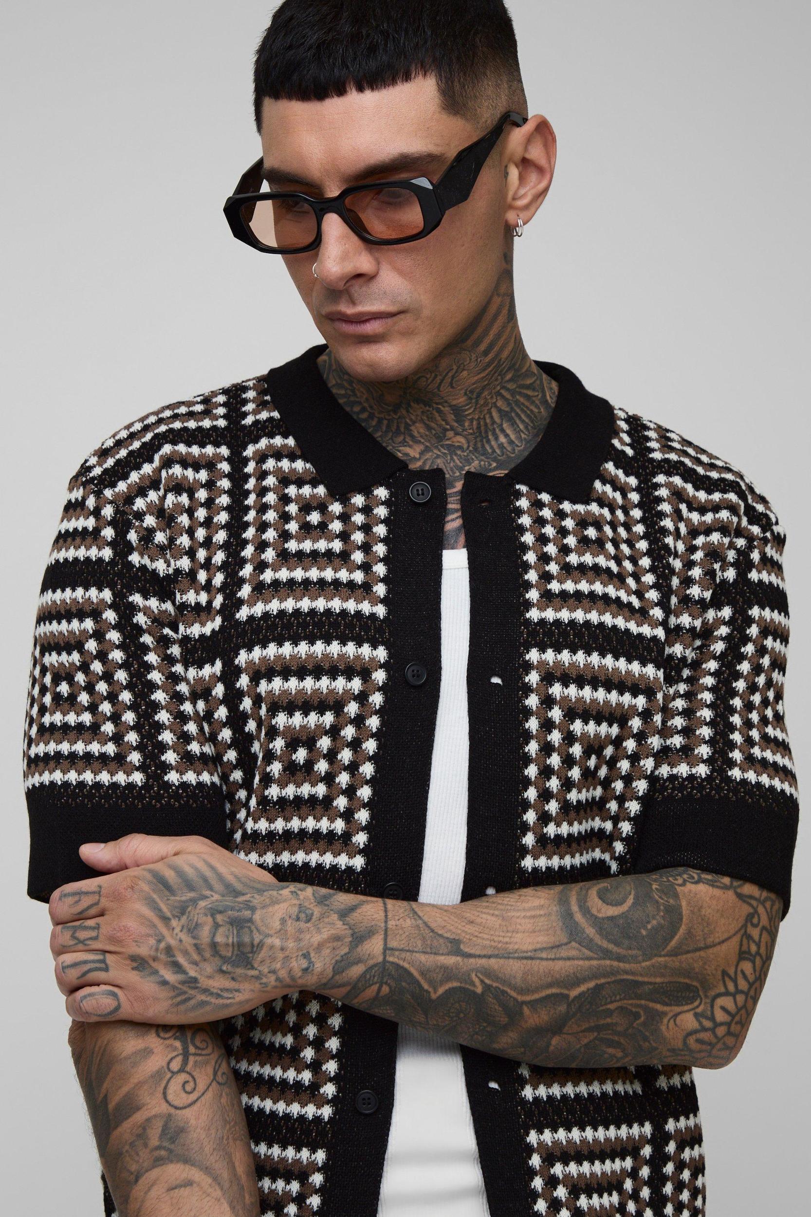 Tall Regular Fit Crochet Shirt & Relaxed Short Set | boohooMAN USA Product Image
