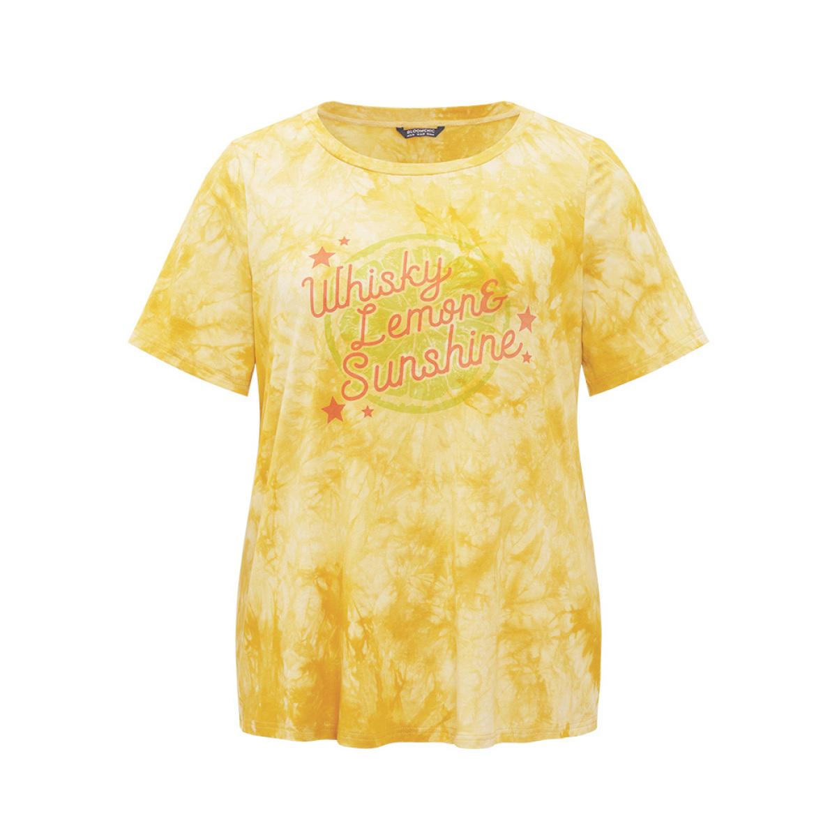 Plus Size Lemon & Letter Print Crew Neck Tie Dye T-shirt Yellow Women Casual Graphic Dailywear T-shirts BloomChic 18-20/2X Product Image