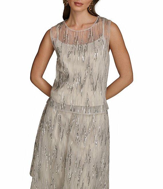Donna Karan Sequin Mesh Crew Neck Sleeveless Top Product Image
