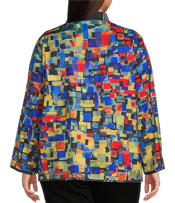 Ali Miles Plus Size Woven Abstract Multi Print Stand Collar 3/4 Sleeve Reversible Jacket Product Image