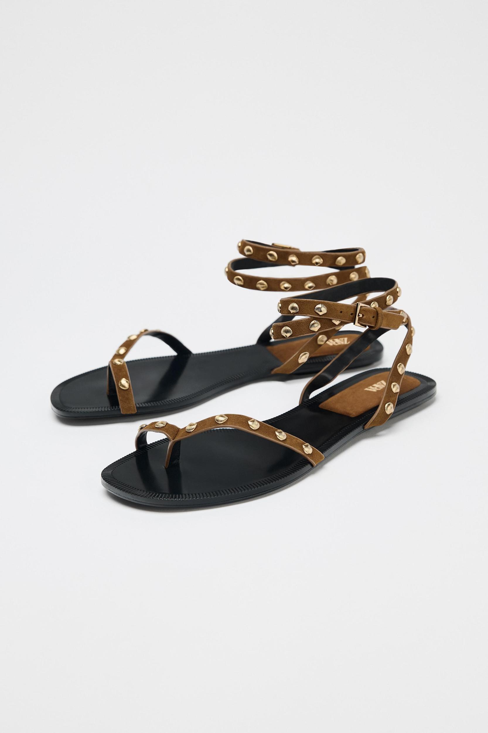LEATHER STUDDED STRAP SANDALS Product Image