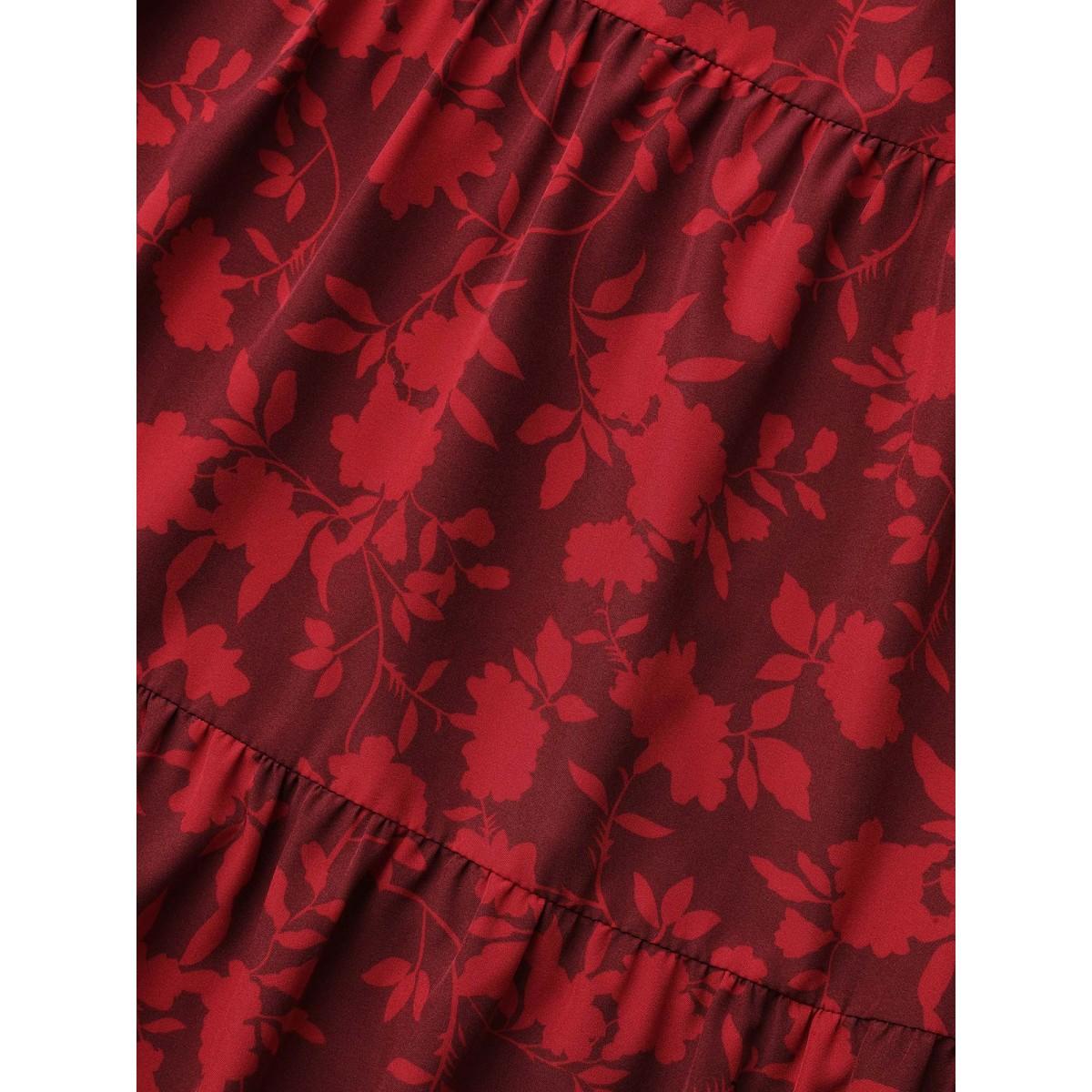 Plus Size Silhouette Floral Print Ruffle Layered Hem Skirt Women Deepred Elegant Loose Low stretch Side seam pocket Everyday Skirts BloomChic 18-20/2X Product Image