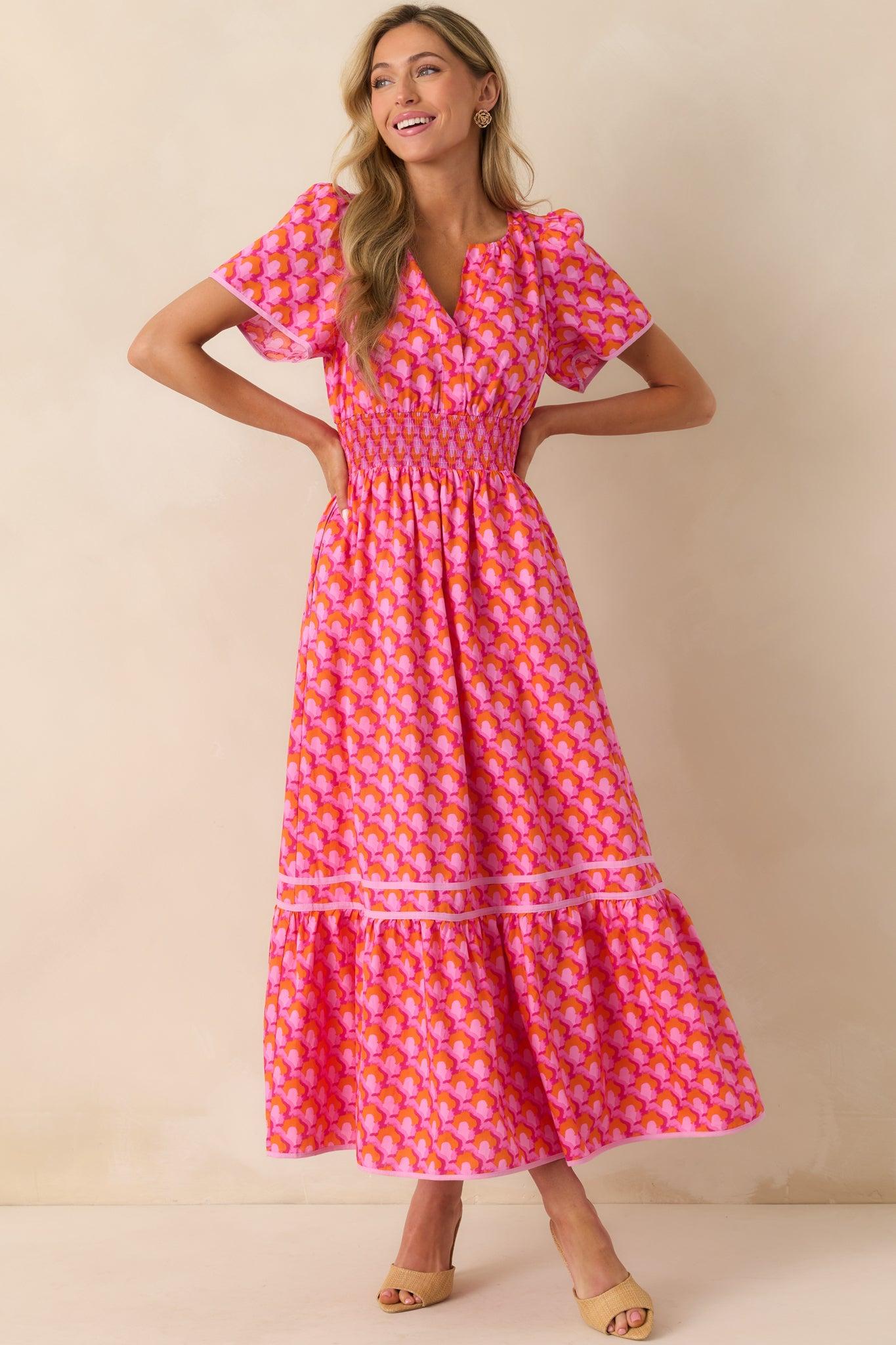 Doing Just Fine Pink Abstract Print Cotton Short Sleeve Maxi Dress Product Image