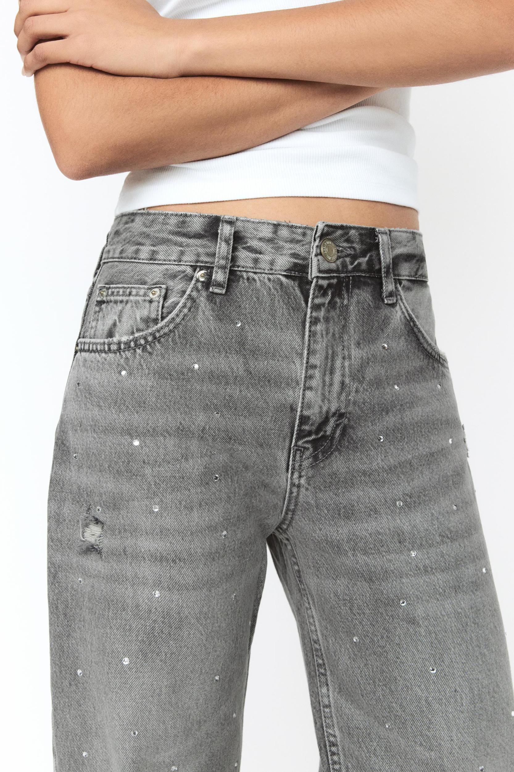 Straight-leg baggy jeans with rhinestones Product Image