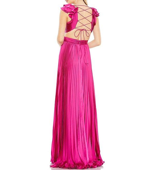 Mac Duggal Ruffled Cap Sleeve Cut Out Pleated Deep V-Neck Strappy Back Detail Satin A-Line Gown Product Image