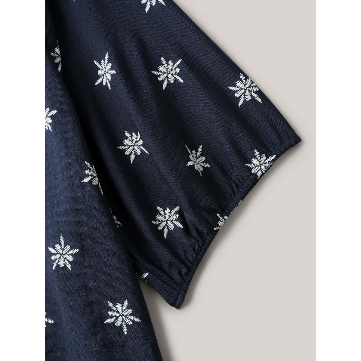 Plus Size Indigo Boho Print Keyhole Pleated Blouse Women Boho Half Sleeve V-neck Vacation Blouses BloomChic 22-24/3X Product Image