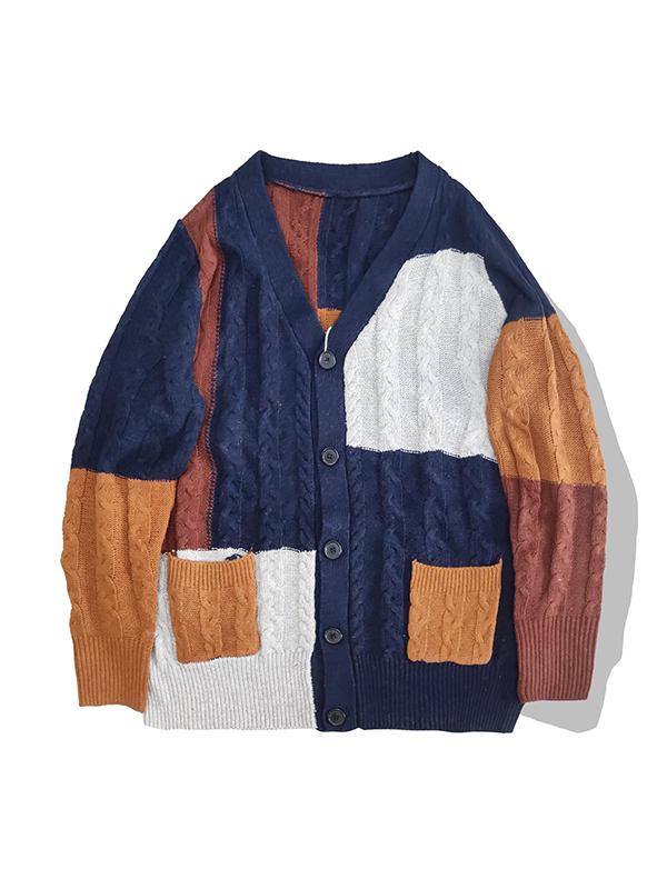 Men's Irregular Color Block Splice V Neck Sweater Product Image