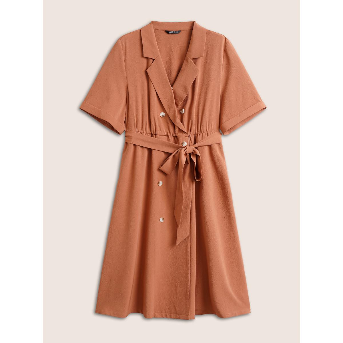 Plus Size Suit Collar Solid Belted Button Up Dress Rust Women At the Office Non Suit Collar Short sleeve Curvy Midi Dress BloomChic 28/5X Product Image